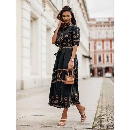 Women's Summer Short Sleeved Loose Fitting Casual Dress Fashion Printed Standing Collar Belt Dress