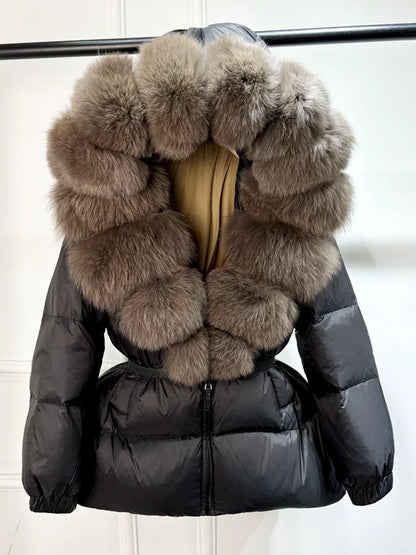 Janveny 2025 Winter Puffer Jacket Women Real Fox Fur Hooded Thick Warm 90% White Duck Down Coat Female Parkas Waterproof
