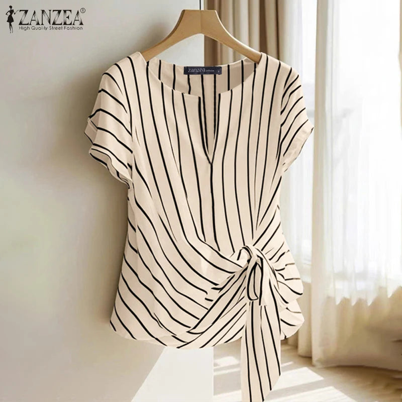 ZANZEA Women Fashion Tie-Front Striped Blouses 2025 Summer Stylish V-Neck Short Sleeve Tops Elegant Casual Commute Blusas Mujer