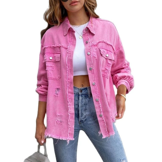 Raw-edges Denim Jacket Women Spring Autumn Shirt Style Jeans coat Casual Top Rose-Red Orange Purple Outerwear Lady Coat