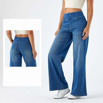 Women Jeans Denim Pant Wide Leg Streetwear Elastic Waist Straight Trousers