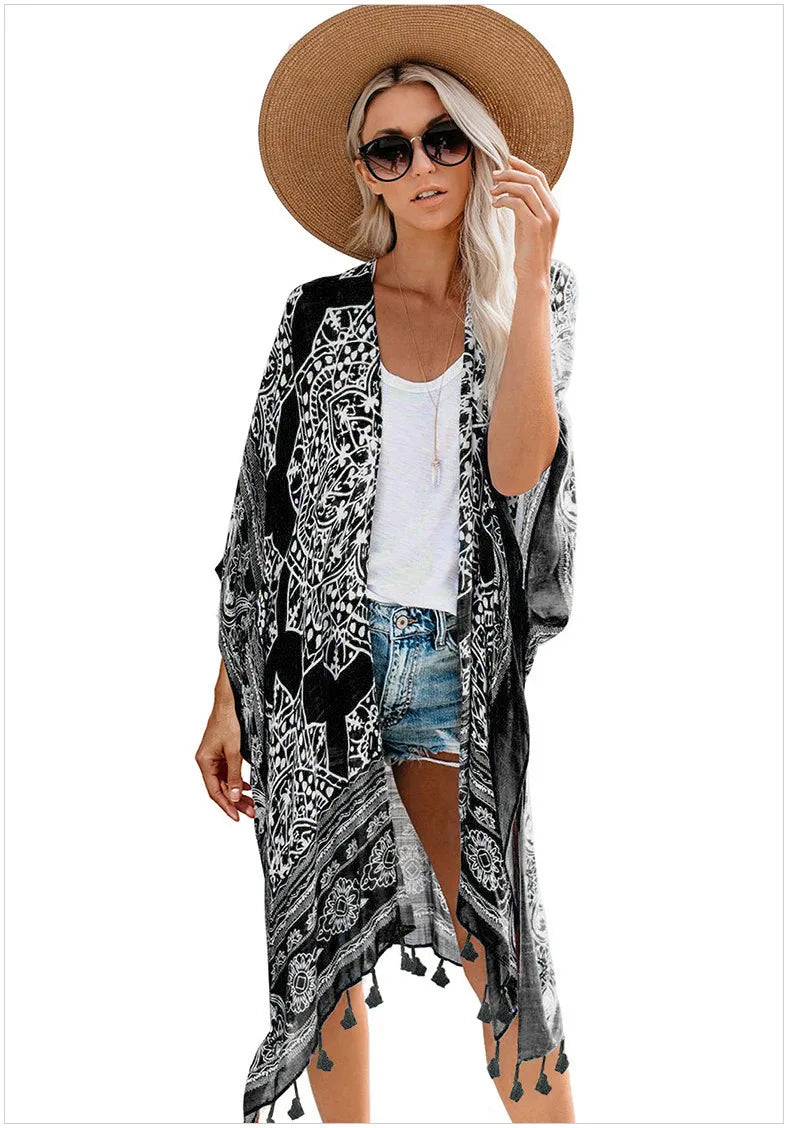European and American seaside vacation print tassel cover up casual medium length loose beach dress for women