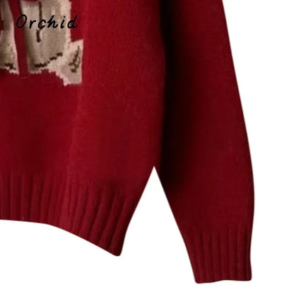 Christmas Sweet Style Knitting Long Sleeve Casual Pullovers 2025 Winter Women Lovely Jumpers Bow Round Neck Ladies Red Sweater