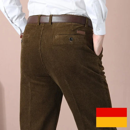 Men's Corduroy Pant Autumn Thick Straight Fit Flat-Front Casual Chino Pants Black Casual Trousers Male