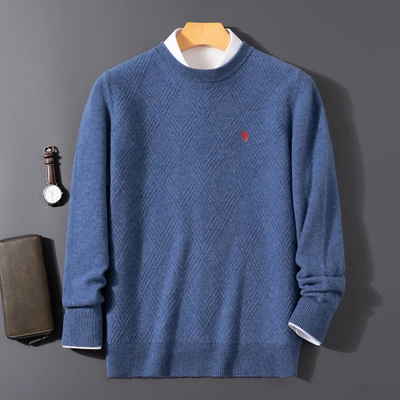 Autumn and winter round neck 100% wool sweater men's sweater with knitted warm base sweater, high-end top