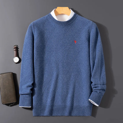 Autumn and winter round neck 100% wool sweater men's sweater with knitted warm base sweater, high-end top