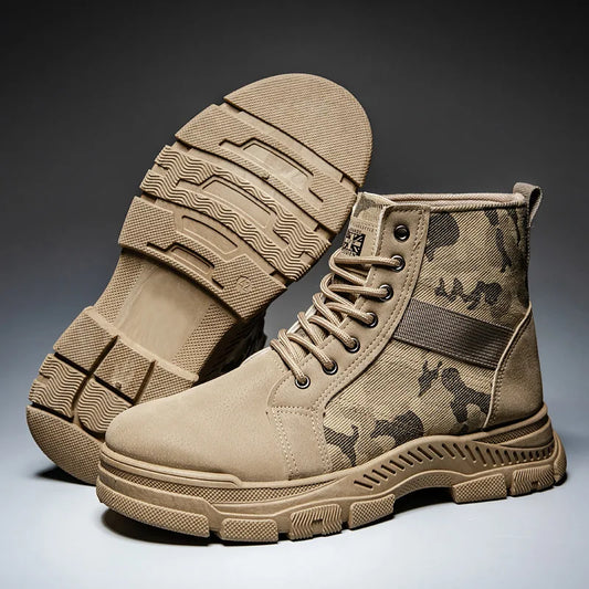 Men's Vintage Camo Work Boots Military Lace-Up Non-Slip Waterproof Leather Outdoor Hiking Shoes for Men