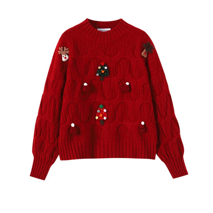 Women Christmas Pullover Knitted Sweater Y2k Fashion Harajuku Korean Vintage O-Neck Long Sleeves Red Sweaters 2000s Clothes 2024