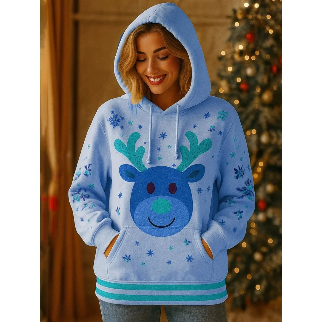 New Women's Pullover Hoodie Sweatshirt 3D Graphic Reindeer Casual Long Sleeve Hooded Regular Tops Wear Street Dailywear Clothing