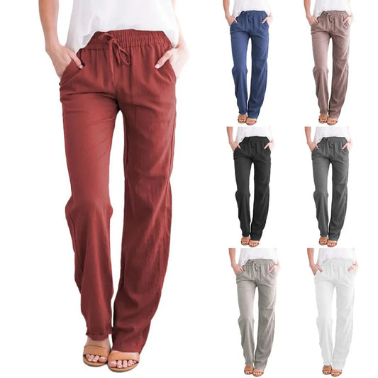 Women's Summer Cotton Hemp Drawstring Loose Relaxed Wide Leg Pants Trouser