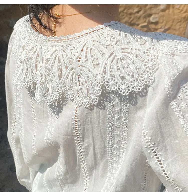 2025 Spring New Women's French White Shirt Splicing Lace Embroidery Design Ladies Shirt Long Sleeve Casual Holiday Beach Tops