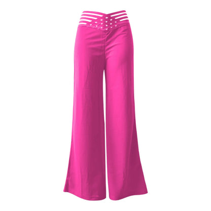 Summer Wide Leg Hollow Wide Waistband Long Pants Women High Waist Solid Color Wide Leg Flared Trousers Yoga Sport Gym Pants