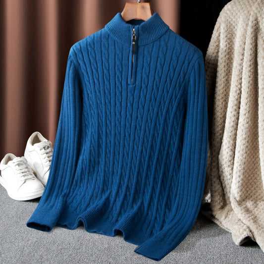 Boutique Men's Solid Color Turtleneck Top Autumn and Winter Thermal Zipper Pullover Sweater Stretch Sweater