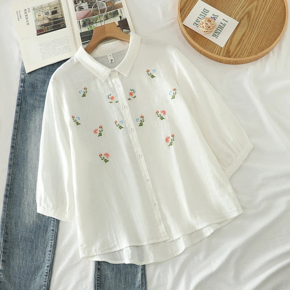 Women's clothing summer 2025 novelty short sleeve lapel white embroidery shirts and blouses stylish stylish women's blouse