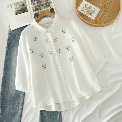 Women's clothing summer 2025 novelty short sleeve lapel white embroidery shirts and blouses stylish stylish women's blouse
