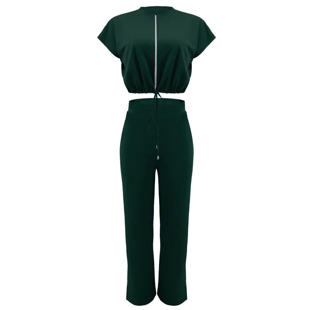 Women Short Sleeve Top & High Waist Pants Set