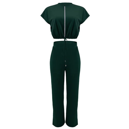 Women Short Sleeve Top & High Waist Pants Set