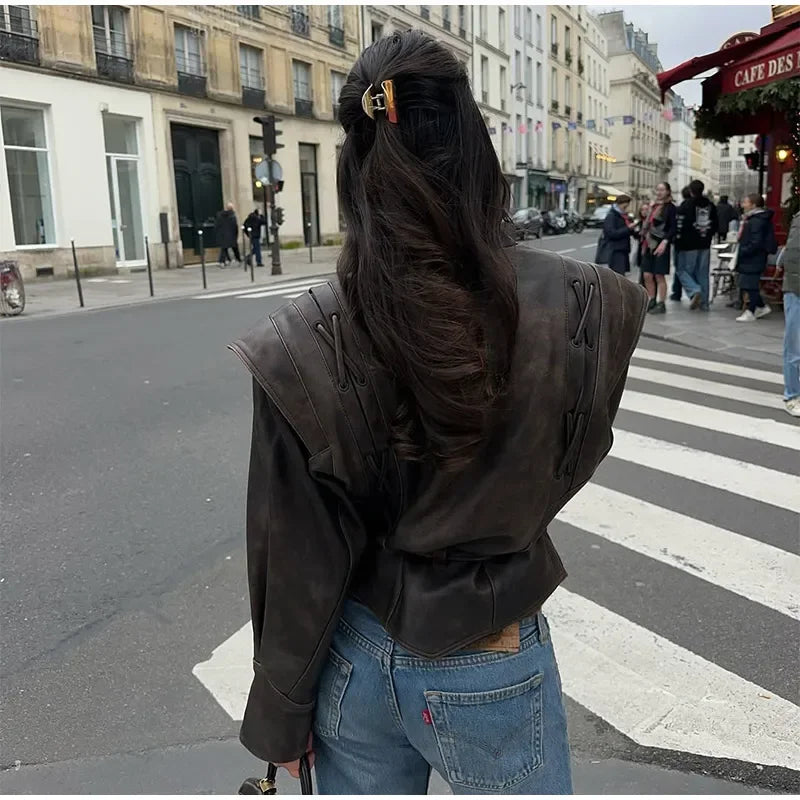 Brown Lapel Leather Bomber Jacket Women's Fashion Full Sleeve Zipper Pocket Lace Up Belt Coat 2025 Autumn High Street Outerwear