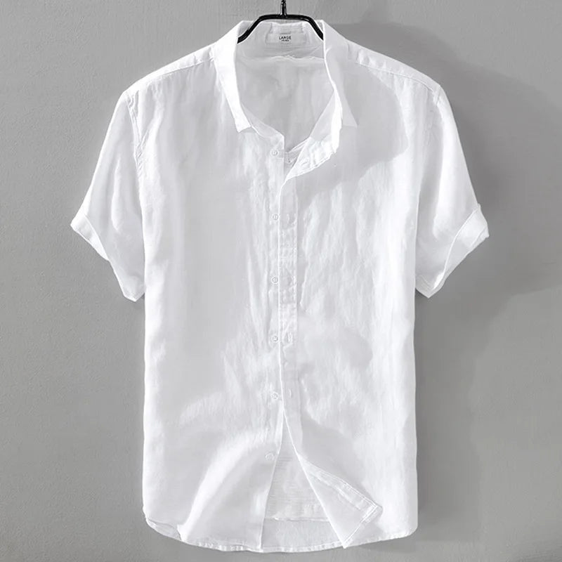 2025 Pure Linen Short Sleeved Shirt Men's Linen White Shirt Cotton Linen Men's Upper Garment Men's Casual Summer Half Sleeved