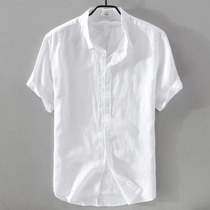 2025 Pure Linen Short Sleeved Shirt Men's Linen White Shirt Cotton Linen Men's Upper Garment Men's Casual Summer Half Sleeved