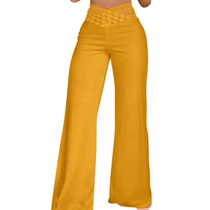 Summer Wide Leg Hollow Wide Waistband Long Pants Women High Waist Solid Color Wide Leg Flared Trousers Yoga Sport Gym Pants