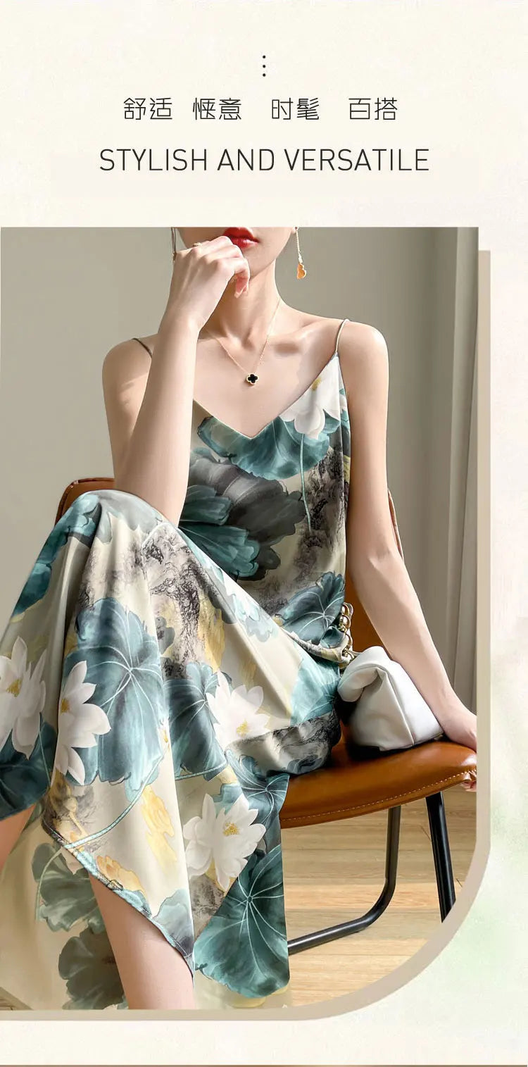 2024 Spring and Summer New Women's Dress Colorful Flower Suspender Skirt Satin Silky Dress Cool and Comfortable
