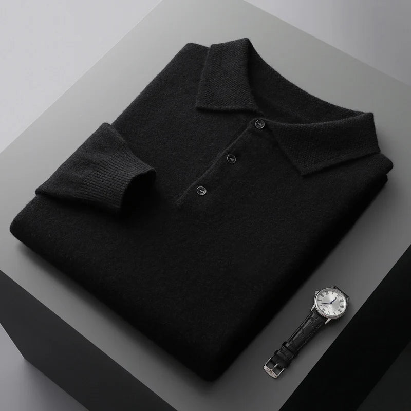 Autumn and winter new 100% merino wool men's POLO collar pullover honeycomb needle shirt fashion knitted men's coat.