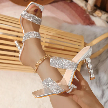Sexy Silver Sequin rhinestone PVC Slippers For Women Square Toe Strange High Heels Sandals Summer Fashion Party Shoes