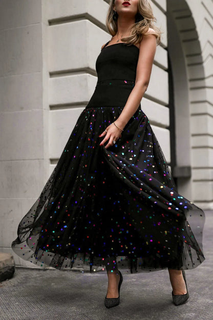 Sequin Mesh High Waist Skirt Plus Size Pleated A-Line High Street Elegant Wedding Guest Sweet Skirts 2024