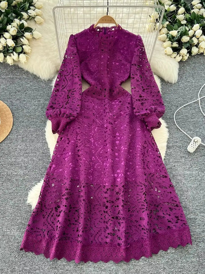 Autumn Vintage Embroidery Hollow Out Dresses Women's Stand Collar Long Sleeve Solid High Waist Elegant Wedding Party Vestidos