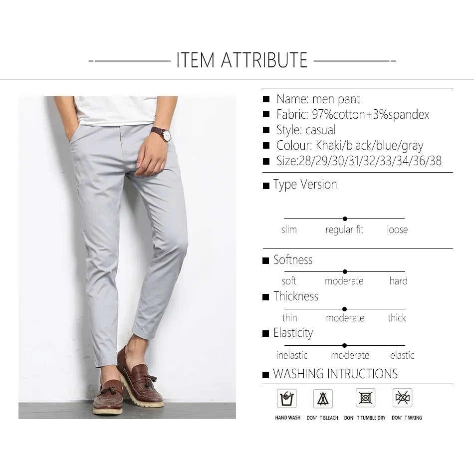 BROWON Summer Men Fashions Solid Color Casual Pants Men Straight Slight Elastic Ankle-Length High Quality Formal Trousers Men