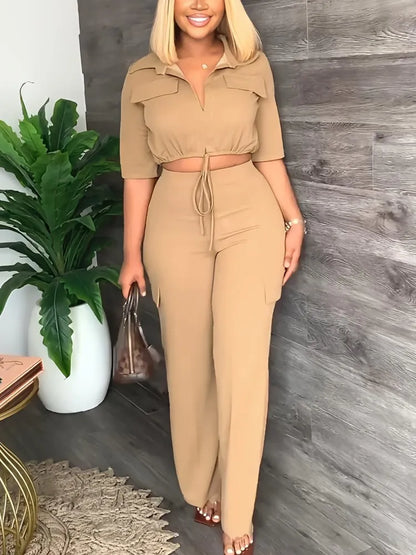 Elegant Office Women Two Piece  Short Shirt + Wide Leg Trousers Set
