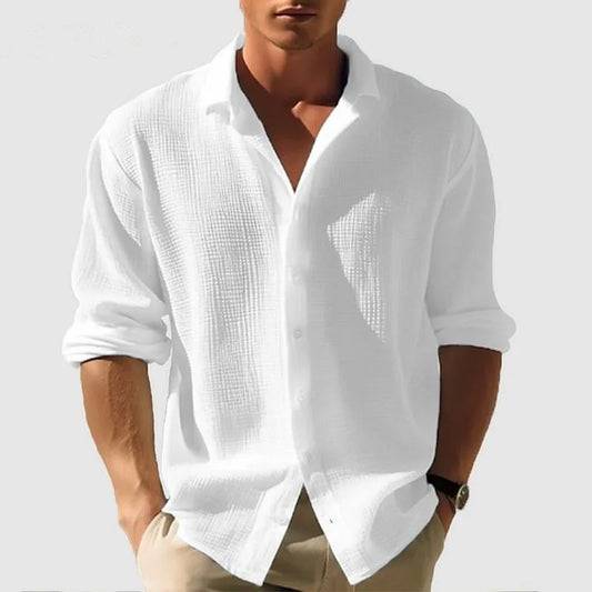 Men's Long-sleeved Shirt Waffle Spring Button Casual Fashion Black Top Street Cardigan 2025 New Blouses for Male