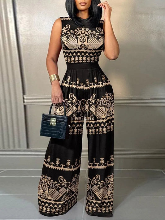 Elegant Women Wide Leg Long Printed Sleeveless Jumpsuits Trouser