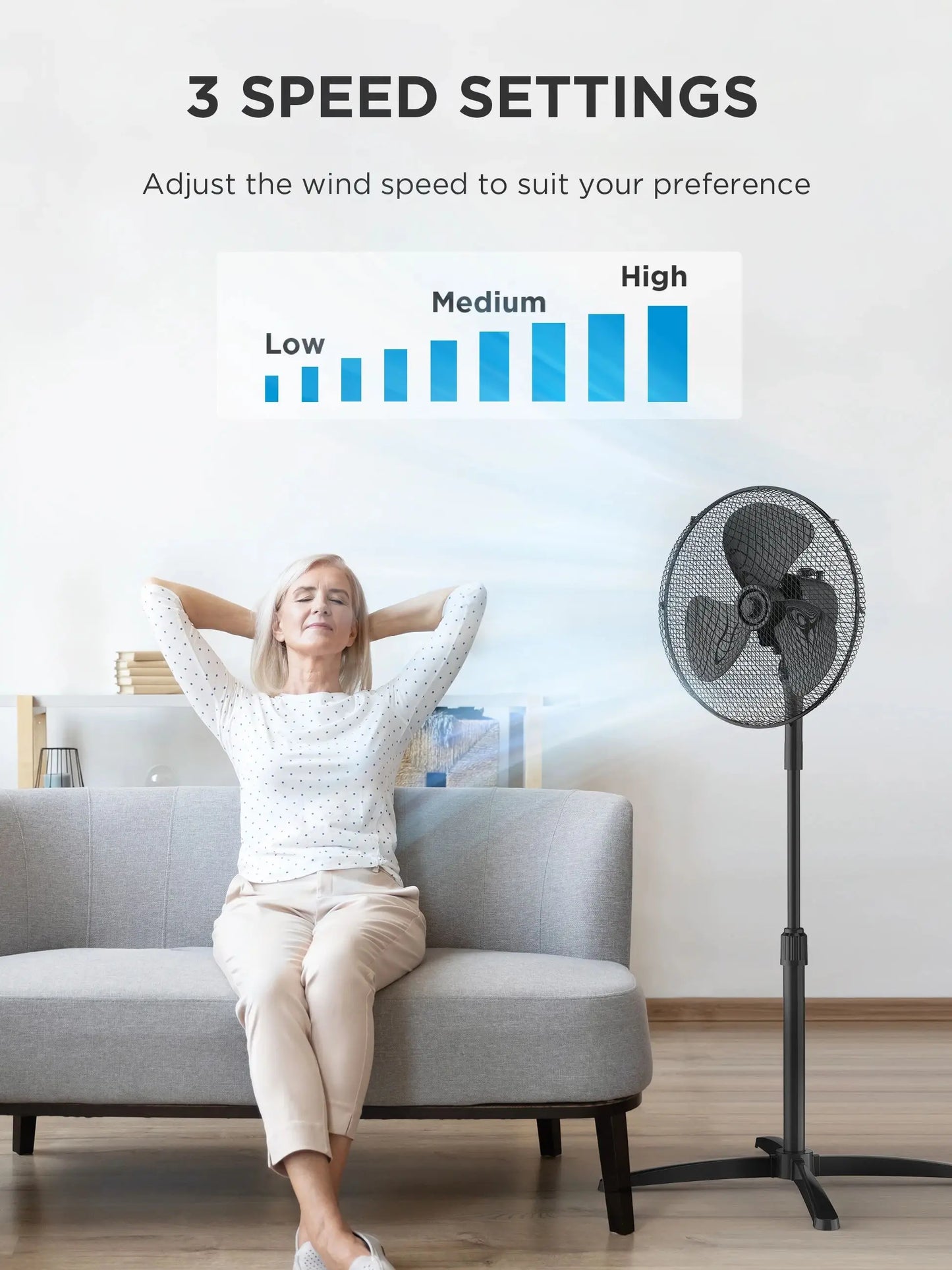 Midea 40W Pedestal Fan, 3 Speed Settings, 90° Oscillation, Adjustable Height, Powerful Airflow and Quiet Operation