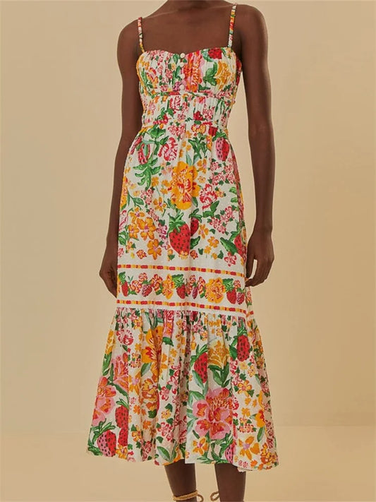 CHRONSTYLE Vintage Floral Print Long Maxi Dress for Women Sleeveless Strap Ruched Buttons Up High Waist Beach Dress Vestido 2024