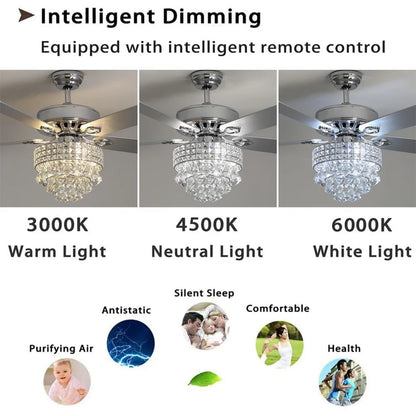 KOMORE  Modern 52 Inch Crystal 3-Light Ceiling Fan with Remote, 5 Blades for Office, Living Room, Bedroom