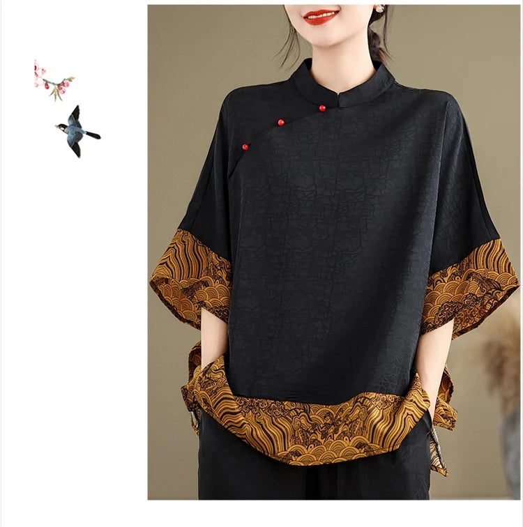 Mulberry Silk Chinese Style T-shirt for Women Spring Summer Fashion Vintage Patchwork Half Sleeve Cloud Embroidery Female Blouse