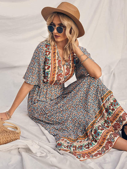 Boho Retro Printed Long Beach Dress Summer Women Flare Short Sleeve V Neck Summer A-Line Dress 2022 Party Elegant Dress