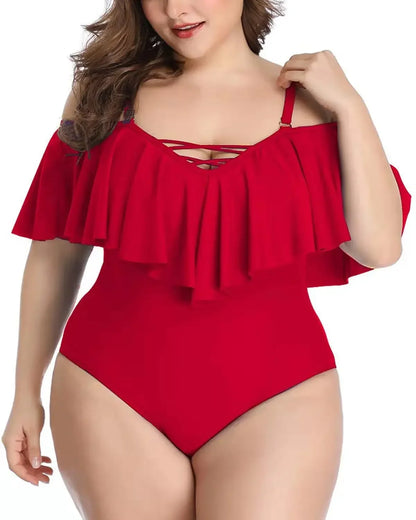 Solid Bikini Lotus Leaf Women Plus Size Swimsuit One Piece Swimwear Swimming New