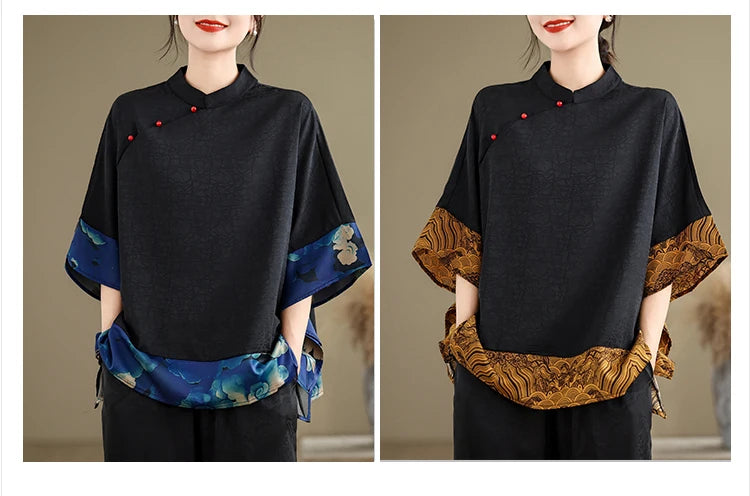 Mulberry Silk Chinese Style T-shirt for Women Spring Summer Fashion Vintage Patchwork Half Sleeve Cloud Embroidery Female Blouse