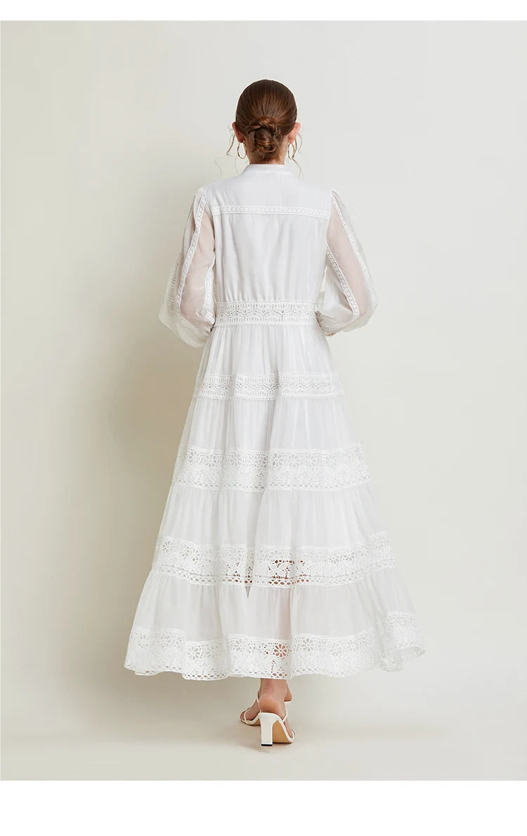 French Fashion Retro Dress Summer Clothing Lace Lace Splicing V-neck Design Lantern Sleeve Dress White Club Outfits for Women