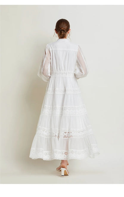 French Fashion Retro Dress Summer Clothing Lace Lace Splicing V-neck Design Lantern Sleeve Dress White Club Outfits for Women