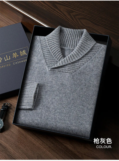 Thick long-sleeved fashion olive Henry collar pure cashmere sweater men's autumn and winter sweater comfortable warm sweater.