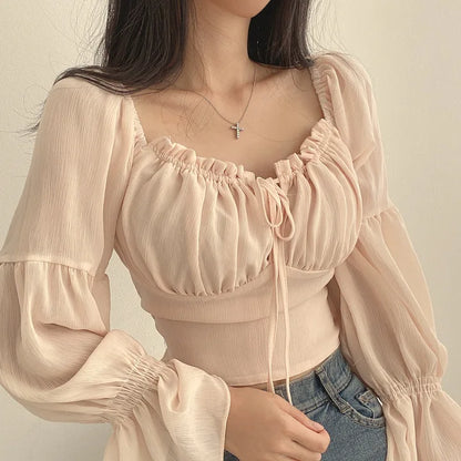 Women Chiffon Blouse Summer Shirt Square Collar Folds Lace Up Waist Tops Korean Fashion Flare Sleeve Elegant Blouses Femme