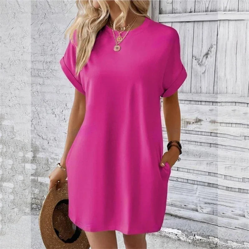 Fashion Solid Color Side Pocket Dresses Women Korean O Neck Pullover Dress Summer Female Comfortable Commuter Casual Short Gown