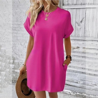 Fashion Solid Color Side Pocket Dresses Women Korean O Neck Pullover Dress Summer Female Comfortable Commuter Casual Short Gown