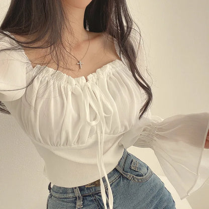 Women Chiffon Blouse Summer Shirt Square Collar Folds Lace Up Waist Tops Korean Fashion Flare Sleeve Elegant Blouses Femme