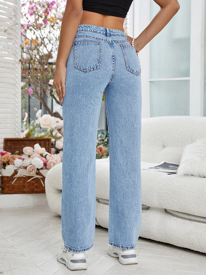 Women Side Beaded Trim Straight-Leg Denim Jeans Casual Fashion Light Blue Denim Pants Button Zipper Pockets Simple Style Jeans