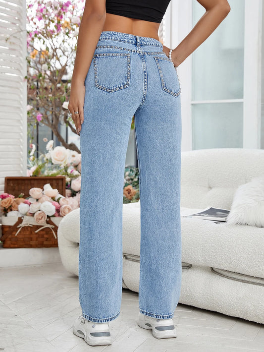 Women Side Beaded Trim Straight-Leg Denim Jeans Casual Fashion Light Blue Denim Pants Button Zipper Pockets Simple Style Jeans